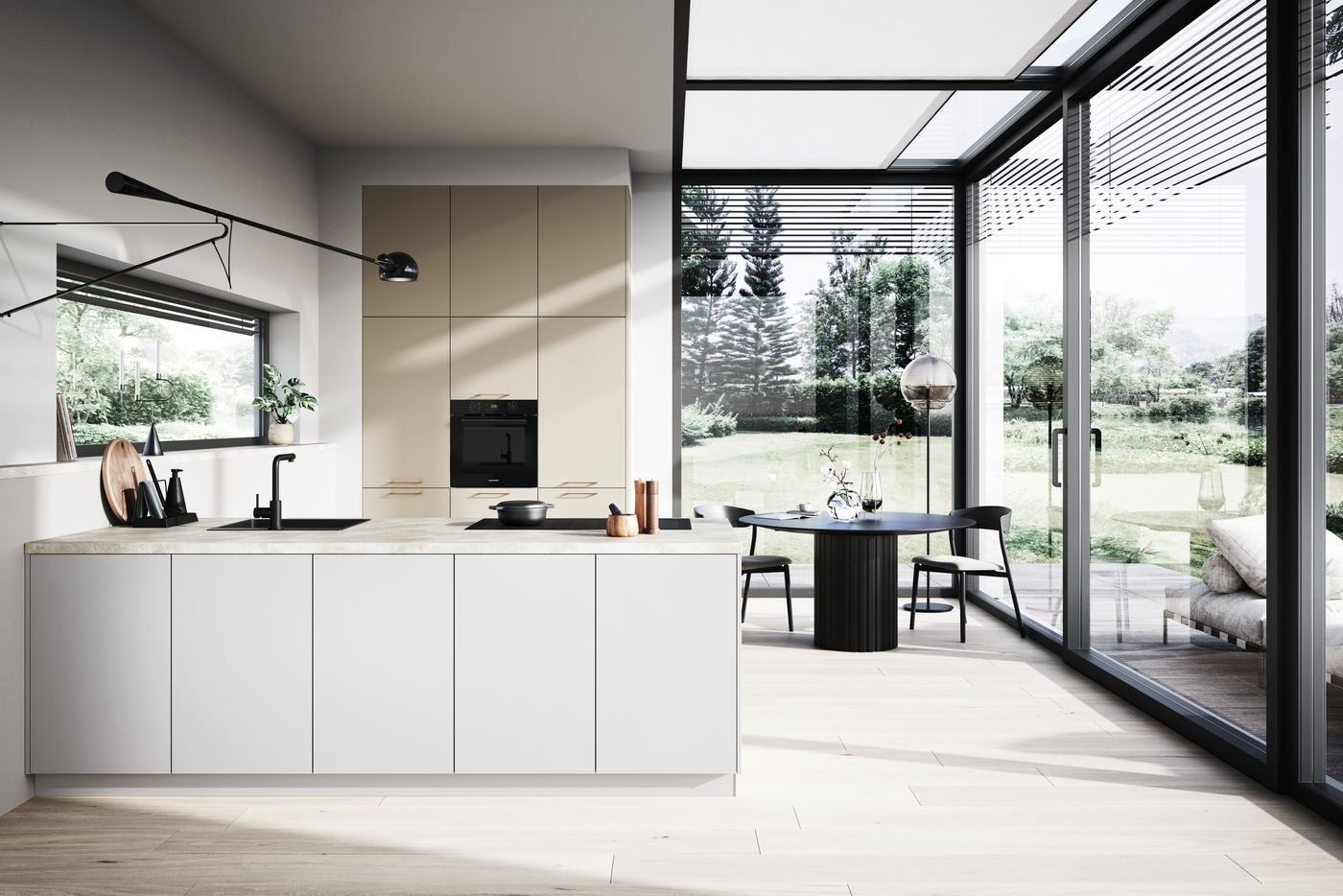 Häcker Küche in Sandgrau metallic mit offenem Wohn-Essbereich