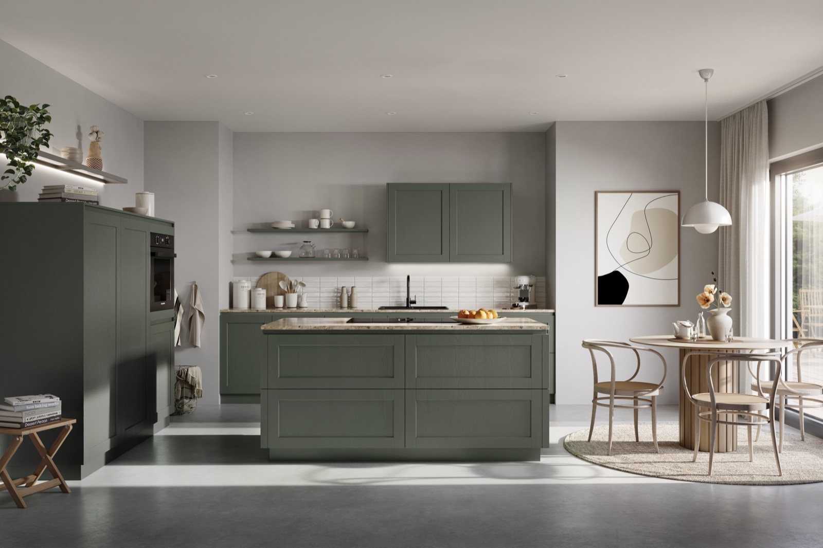 Häcker HAMPTON Küche in gedämpftem Grün mit Kochinsel, Steinarbeitsplatte und Essplatz
