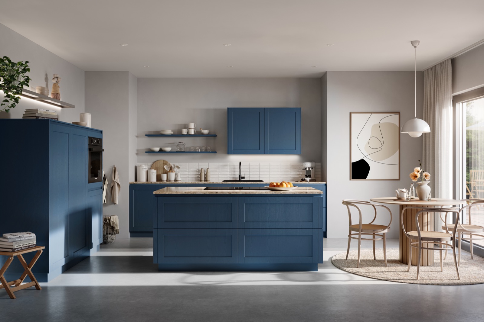 Häcker HAMPTON Küche in Ocean-Blau mit Kochinsel und Essplatz