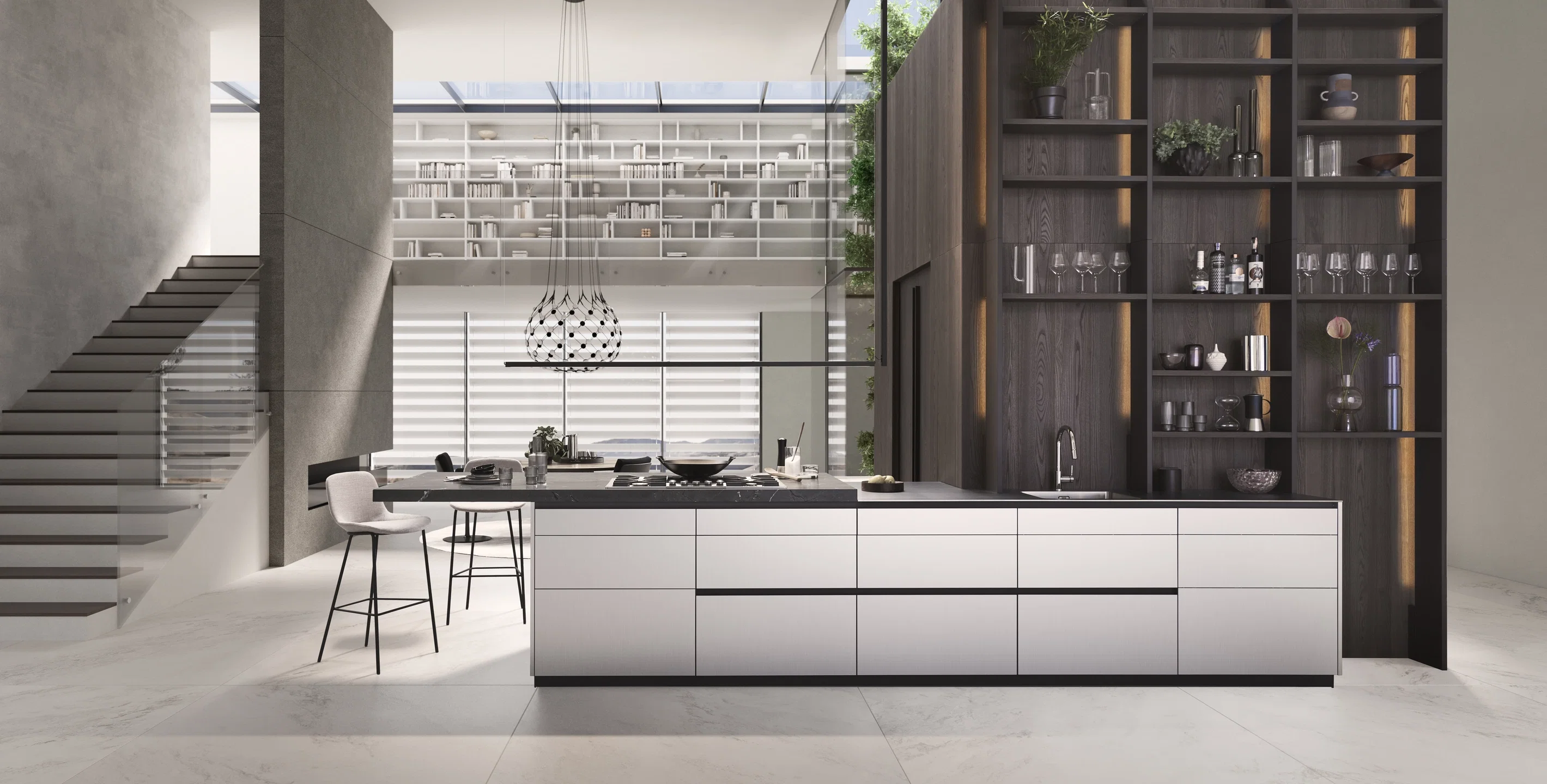 Offene Design-Küche im Wohnraum, warmes Abendlicht
