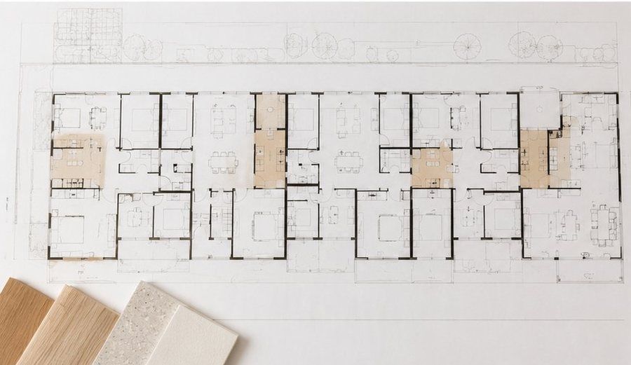 Grundriss eines Wohnprojekts mit mehreren markierten Küchen